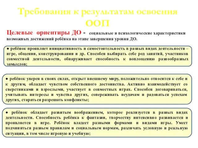 Требования к результатам освоения ООП ● ребёнок проявляет инициативность и самостоятельность