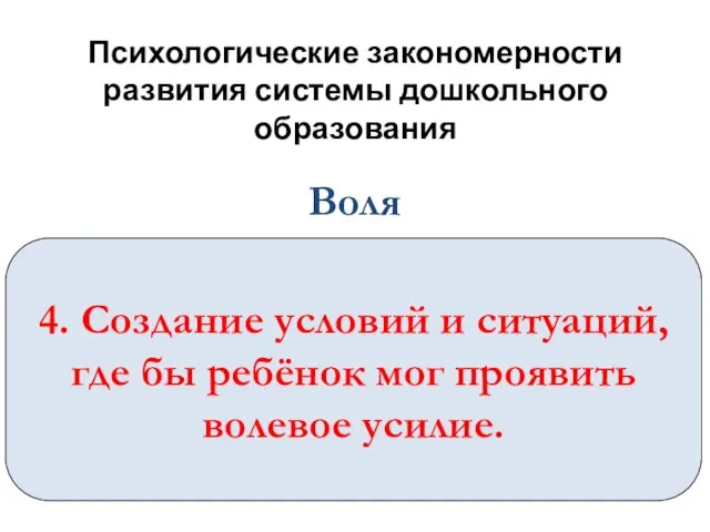 Психологические закономерности развития системы дошкольного образования 4. Создание условий и ситуаций,