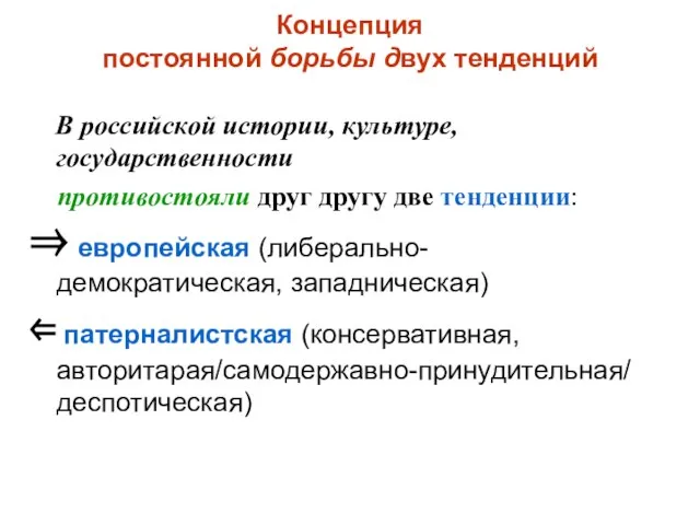 Концепция постоянной борьбы двух тенденций В российской истории, культуре, государственности противостояли