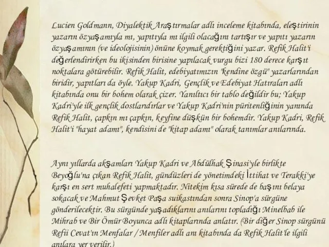 Lucien Goldmann, Diyalektik Araştırmalar adlı inceleme kitabında, eleştirinin yazarın özyaşamıyla mı,