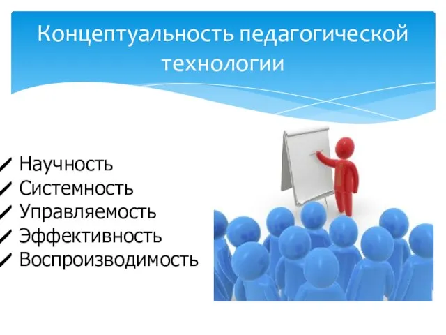 Концептуальность педагогической технологии Научность Системность Управляемость Эффективность Воспроизводимость