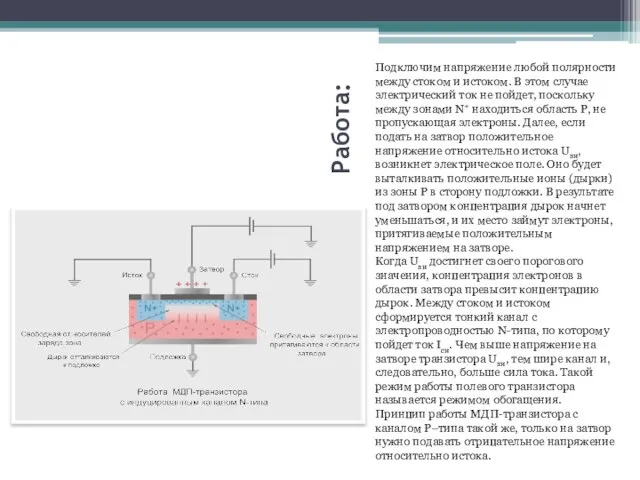 Работа: Подключим напряжение любой полярности между стоком и истоком. В этом