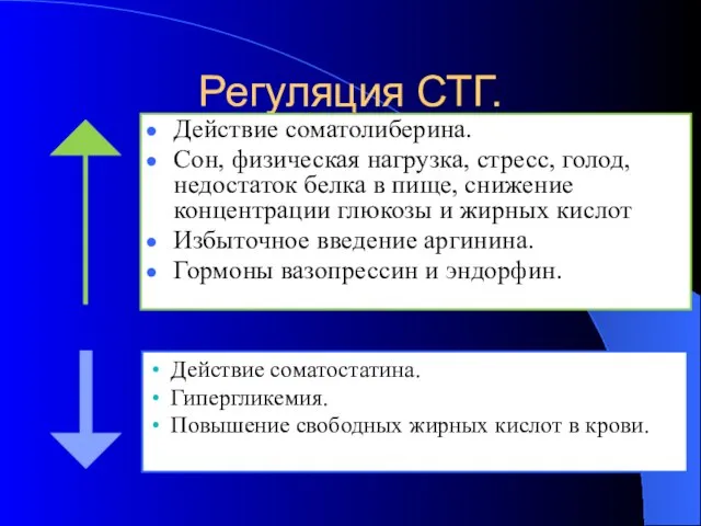 Регуляция СТГ. Действие соматолиберина. Сон, физическая нагрузка, стресс, голод, недостаток белка