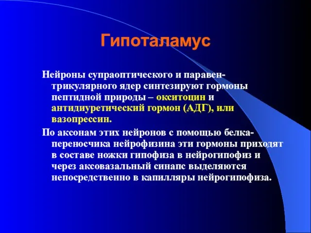 Гипоталамус Нейроны супраоптического и паравен-трикулярного ядер синтезируют гормоны пептидной природы –