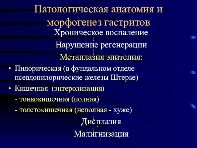 Патологическая анатомия и морфогенез гастритов Хроническое воспаление Нарушение регенерации Метаплазия эпителия: