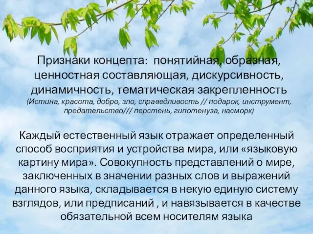 Признаки концепта: понятийная, образная, ценностная составляющая, дискурсивность, динамичность, тематическая закрепленность (Истина,