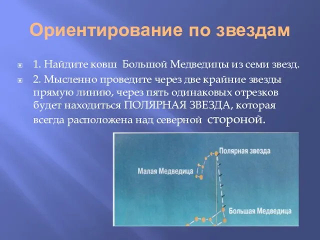 Ориентирование по звездам 1. Найдите ковш Большой Медведицы из семи звезд.