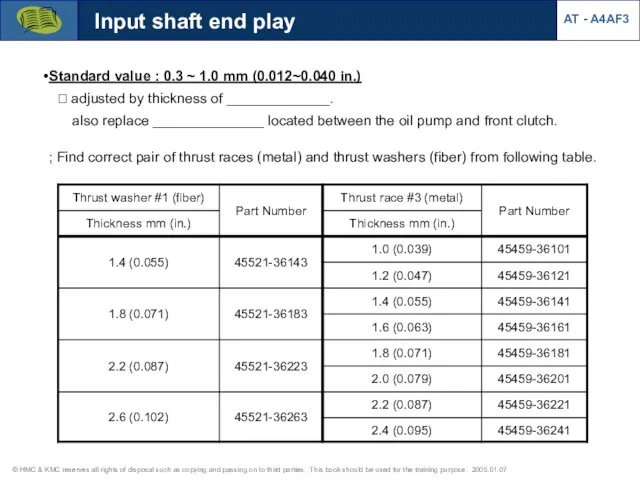 Input shaft end play Standard value : 0.3 ~ 1.0 mm