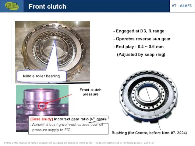 Front clutch Engaged at D3, R range Operates reverse sun gear