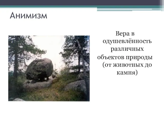 Анимизм Вера в одушевлённость различных объектов природы (от животных до камня)