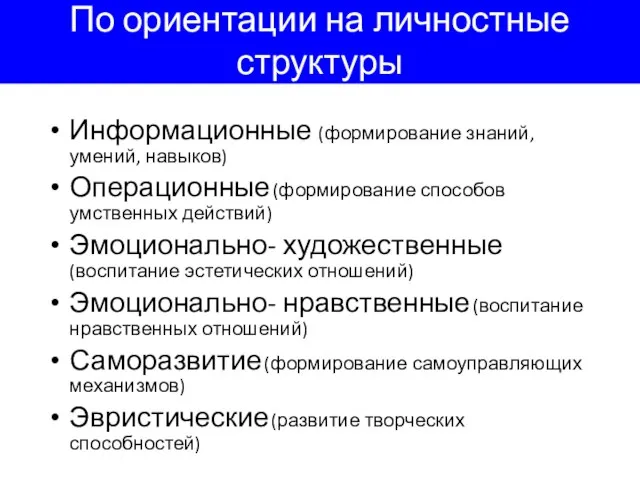 По ориентации на личностные структуры Информационные (формирование знаний, умений, навыков) Операционные