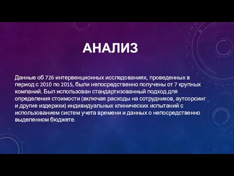 АНАЛИЗ Данные об 726 интервенционных исследованиях, проведенных в период с 2010