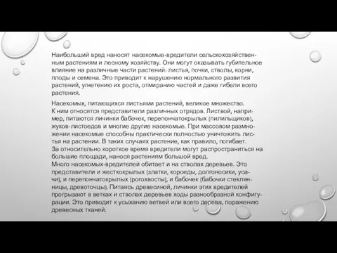 Наибольший вред наносят насекомые-вредители сельскохозяйствен- ным растениям и лесному хозяйству. Они