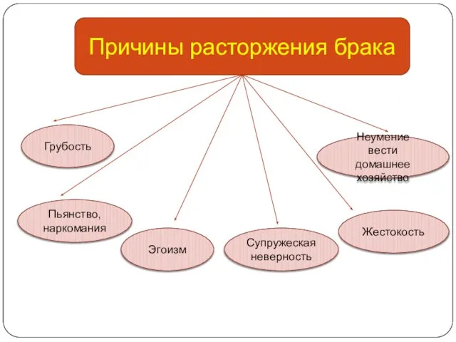 Причины расторжения брака Грубость Эгоизм Супружеская неверность Жестокость Неумение вести домашнее хозяйство Пьянство, наркомания