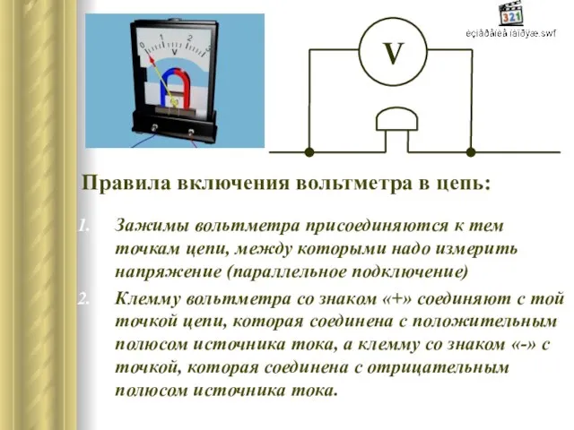 Зажимы вольтметра присоединяются к тем точкам цепи, между которыми надо измерить