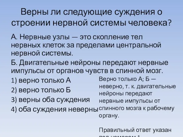 Верны ли следующие суждения о строении нервной системы человека? А. Нервные