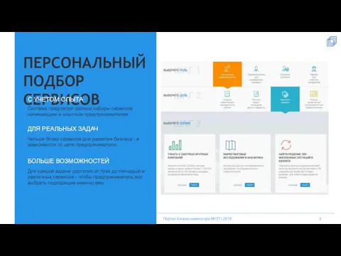 ПЕРСОНАЛЬНЫЙ ПОДБОР СЕРВИСОВ С УЧЕТОМ ОПЫТА Система предлагает разные наборы сервисов