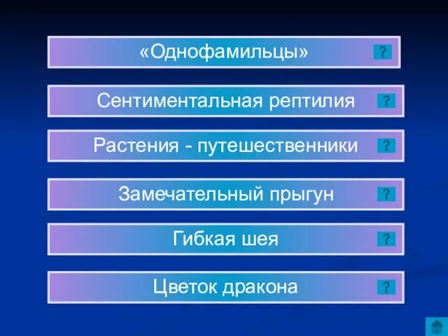 «Однофамильцы» Сентиментальная рептилия Растения - путешественники Замечательный прыгун Гибкая шея Цветок дракона