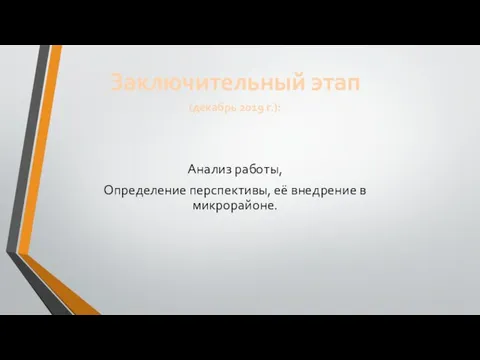 Заключительный этап (декабрь 2019 г.): Анализ работы, Определение перспективы, её внедрение в микрорайоне.