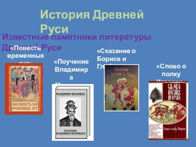 Известные памятники литературы Древней Руси «Повесть временных лет» «Поучение Владимира Мономаха»