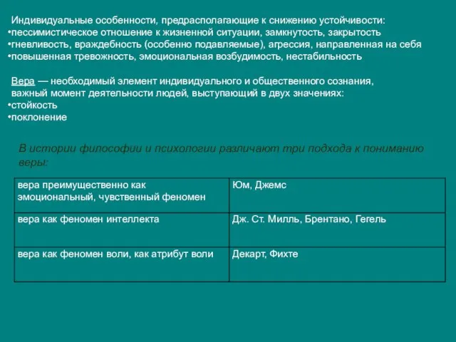 Индивидуальные особенности, предрасполагающие к снижению устойчивости: пессимистическое отношение к жизненной ситуации,