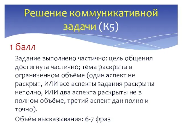 1 балл Задание выполнено частично: цель общения достигнута частично; тема раскрыта