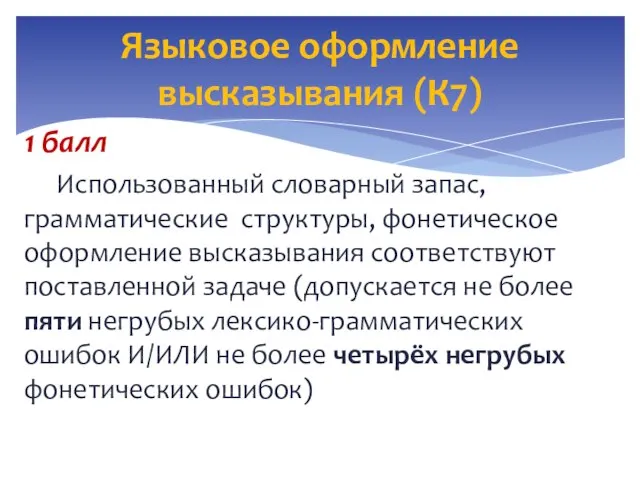 1 балл Использованный словарный запас, грамматические структуры, фонетическое оформление высказывания соответствуют