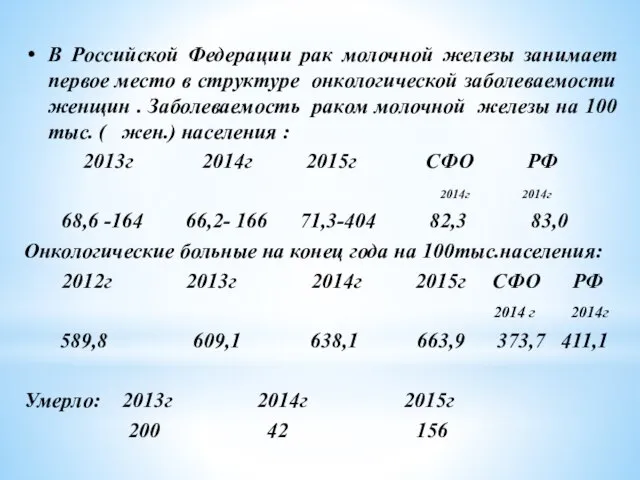 В Российской Федерации рак молочной железы занимает первое место в структуре