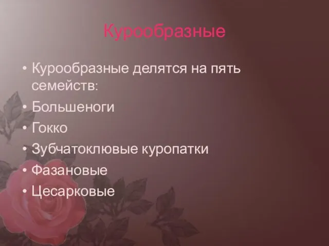 Курообразные делятся на пять семейств: Большеноги Гокко Зубчатоклювые куропатки Фазановые Цесарковые Курообразные