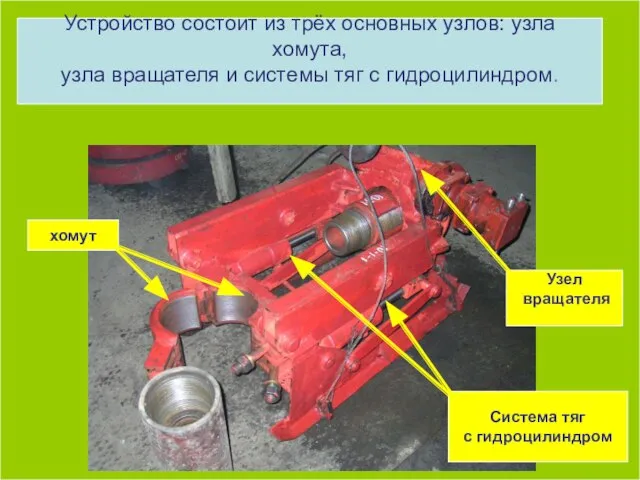 Устройство состоит из трёх основных узлов: узла хомута, узла вращателя и