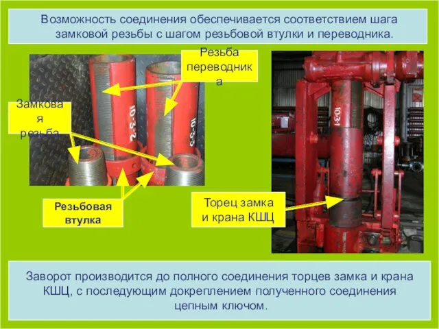 Возможность соединения обеспечивается соответствием шага замковой резьбы с шагом резьбовой втулки