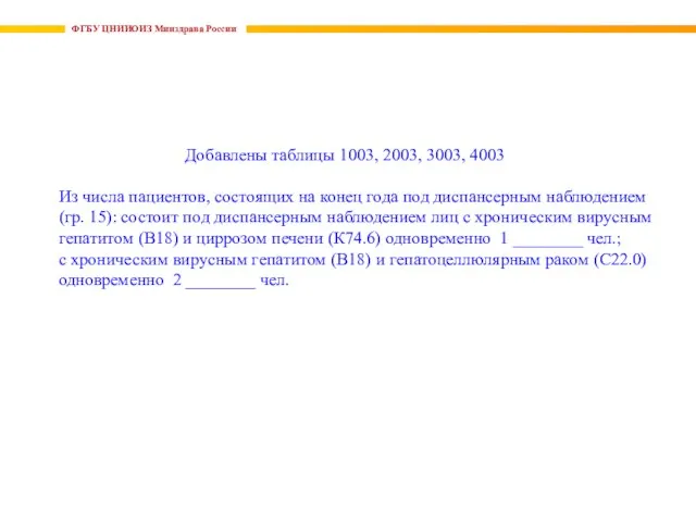 ФГБУ ЦНИИОИЗ Минздрава России Добавлены таблицы 1003, 2003, 3003, 4003 Из