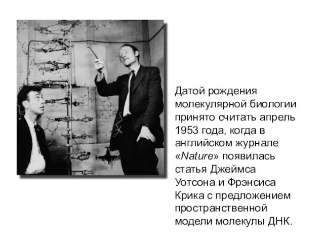 Датой рождения молекулярной биологии принято считать апрель 1953 года, когда в