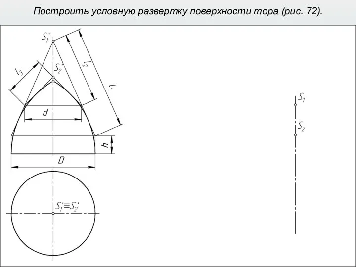 Построить условную развертку поверхности тора (рис. 72).