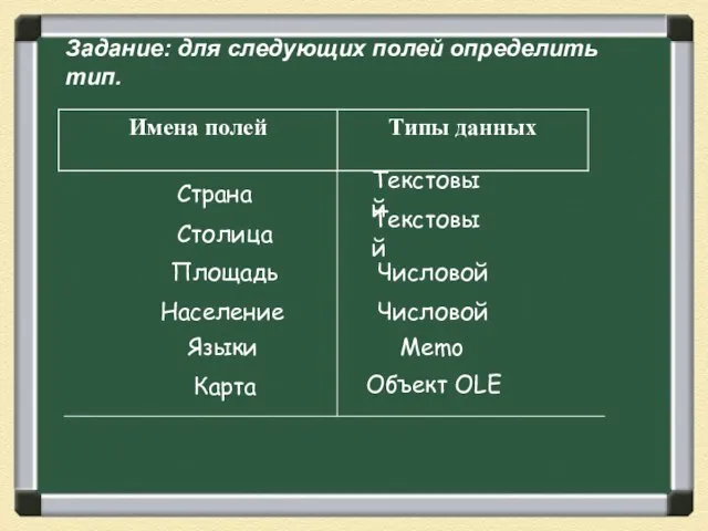 Задание: для следующих полей определить тип. Страна Текстовый Столица Числовой Текстовый