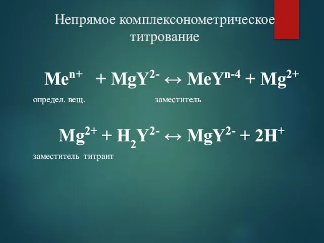 Непрямое комплексонометрическое титрование Меn+ + МgY2- ↔ МеYn-4 + Мg2+ определ.