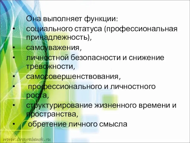 Она выполняет функции: социального статуса (профессиональная принадлежность), самоуважения, личностной безопасности и