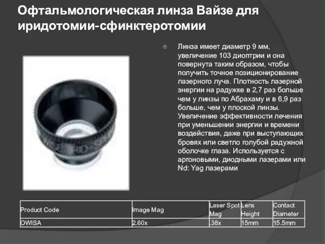 Офтальмологическая линза Вайзе для иридотомии-сфинктеротомии Линза имеет диаметр 9 мм, увеличение