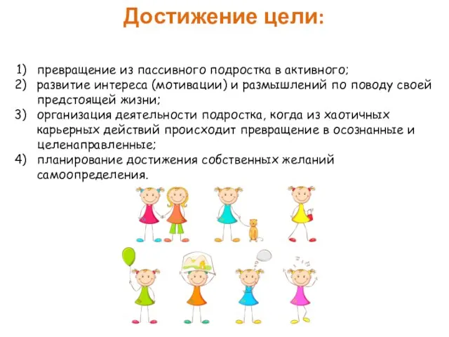 Достижение цели: превращение из пассивного подростка в активного; развитие интереса (мотивации)