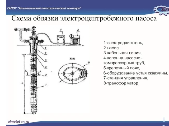 Схема обвязки электроцентробежного насоса 1-электродвигатель, 2-насос, 3-кабельная линия, 4-колонна насосно-компрессорных труб,