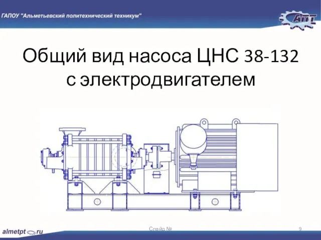 Общий вид насоса ЦНС 38-132 с электродвигателем Слайд №