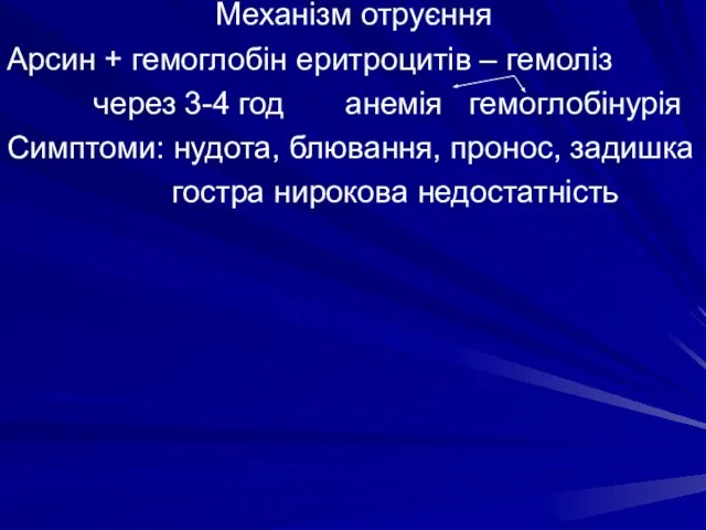 Механізм отруєння Арсин + гемоглобін еритроцитів – гемоліз через 3-4 год