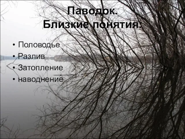 Паводок. Близкие понятия: Половодье Разлив Затопление наводнение