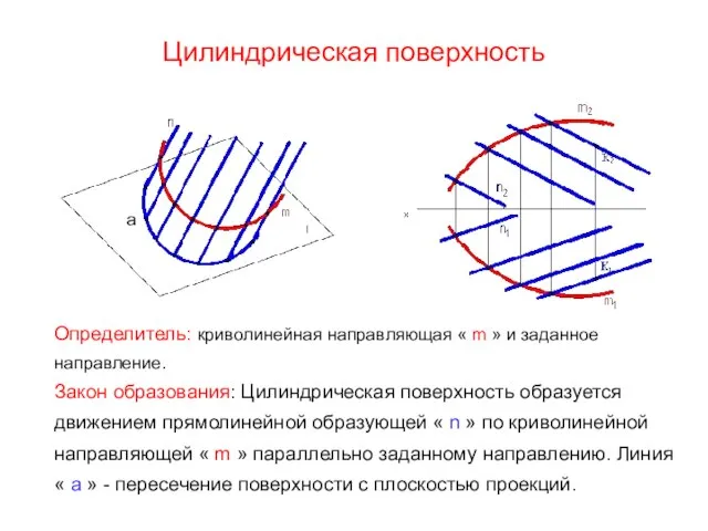 Цилиндрическая поверхность Определитель: криволинейная направляющая « m » и заданное направление.