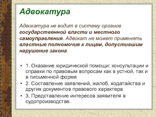 Адвокатура Адвокатура не водит в систему органов государственной власти и местного