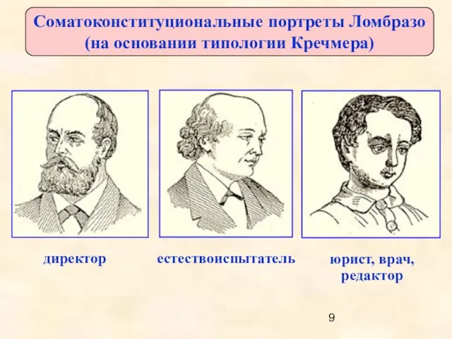 Соматоконституциональные портреты Ломбразо (на основании типологии Кречмера) директор естествоиспытатель юрист, врач, редактор