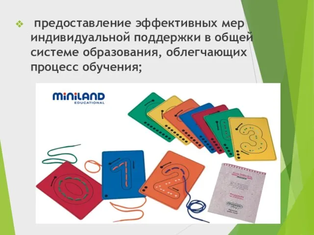 предоставление эффективных мер индивидуальной поддержки в общей системе образования, облегчающих процесс обучения;