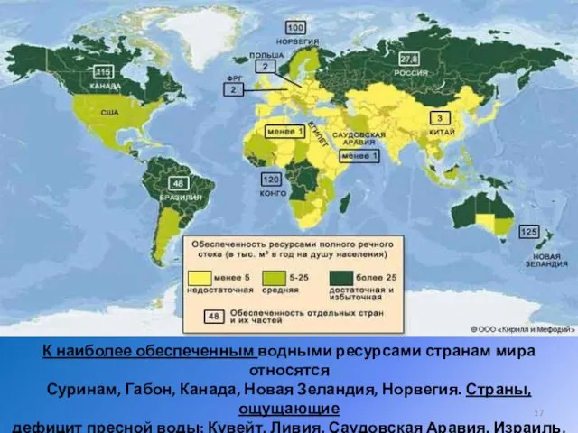 К наиболее обеспеченным водными ресурсами странам мира относятся Суринам, Габон, Канада,