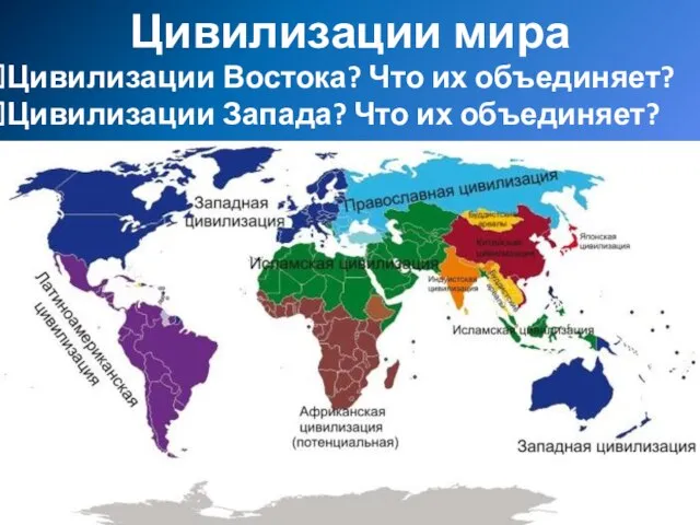 Цивилизации мира Цивилизации Востока? Что их объединяет? Цивилизации Запада? Что их объединяет?