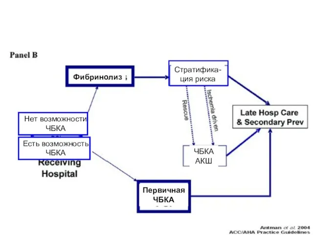 Фибринолиз Первичная ЧБКА Стратифика- ция риска ЧБКА АКШ Нет возможности ЧБКА Есть возможность ЧБКА